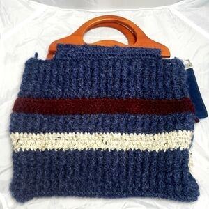 Vintage Crochet Boho Bag Bohemian Thick Yarn Wooden Handles Navy Cream Red EUC